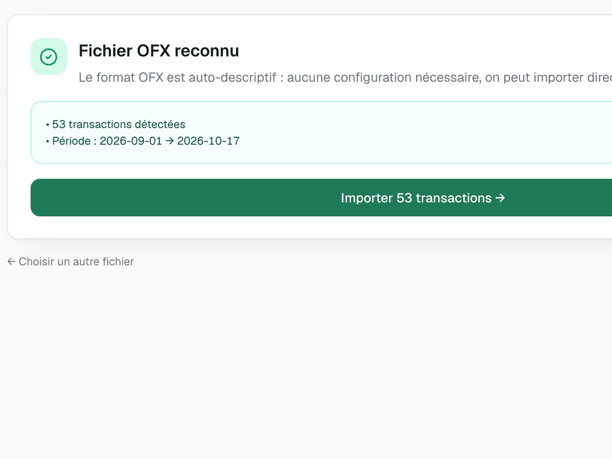 Écran d’import : fichier OFX reconnu, 53 transactions détectées